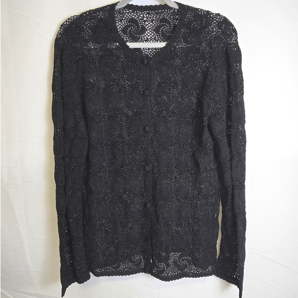 Witchy Whimsigoth Crochet Intricate Open Knit Cardigan, Floral Black, Large‎